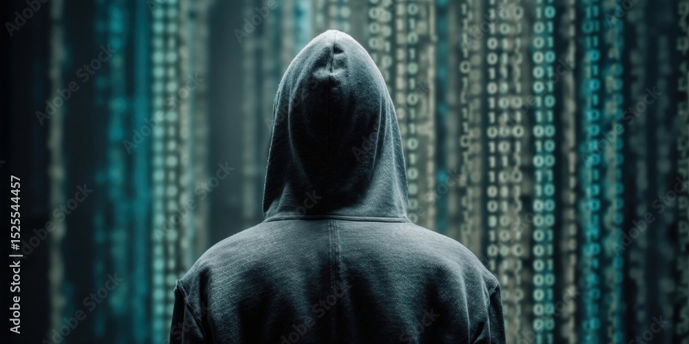 Poster Hacker in Hoodie Facing Binary Code, Illustrating Cybersecurity Threat and Data Privacy Concerns for Business and Technology Professionals : Generative AI
