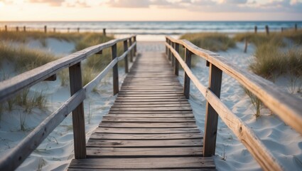 Fototapeta premium A wooden pathway leading to the beach with sand dunes and grass, at sunset or sunrise.