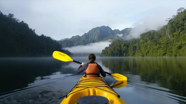 Serene kayaking adventure on a misty lake, surrounded by lush green mountains