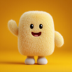 A joyful, pastel yellow cartoon monster with soft fur and big eyes, standing happily.