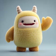 A joyful, pastel yellow cartoon monster with soft fur and big eyes, standing happily.