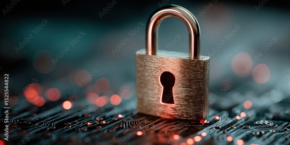 Fototapete Golden Padlock on Circuit Board With Glowing Lights, Symbolizing Cybersecurity and Data Protection in the Age of Digital Transformation and Technological Innovation : Generative AI