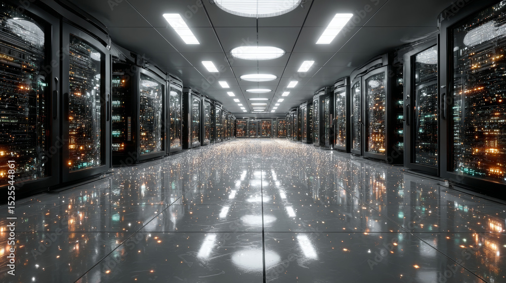 Poster vector cartoon interior of future data center room with server hardware and hologram of processor. c