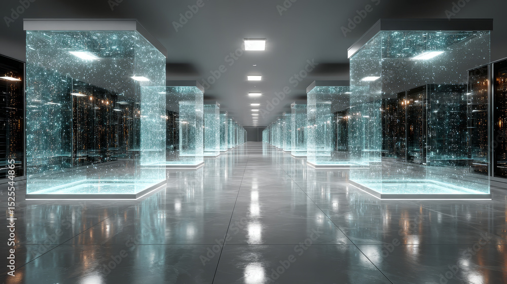 Poster vector cartoon interior of future data center room with server hardware and hologram of processor. c