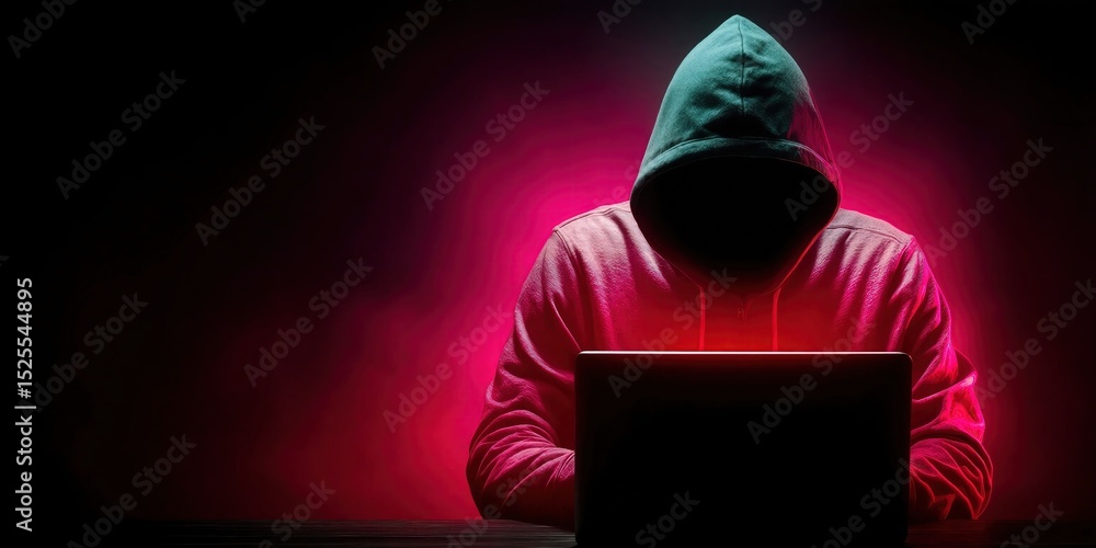 Poster anonymous hacker in hoodie using laptop in dark room, illustrating cybersecurity and digital threat,