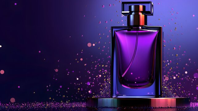Luxury purple glass perfume bottle on a purpple blue background, exuding an isolated, aromatic beauty