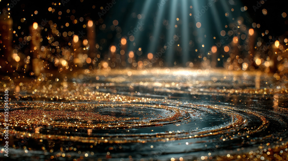 Aufkleber golden podium with glowing bokeh effect on black background - shimmering stage platform illuminated 