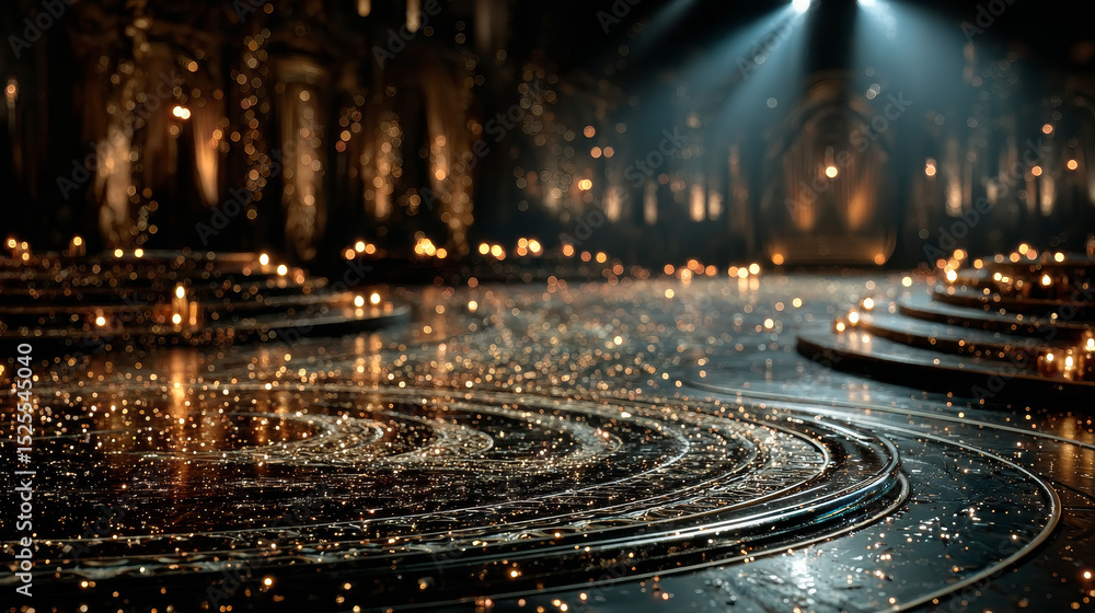 Aufkleber golden podium with glowing bokeh effect on black background - shimmering stage platform illuminated 