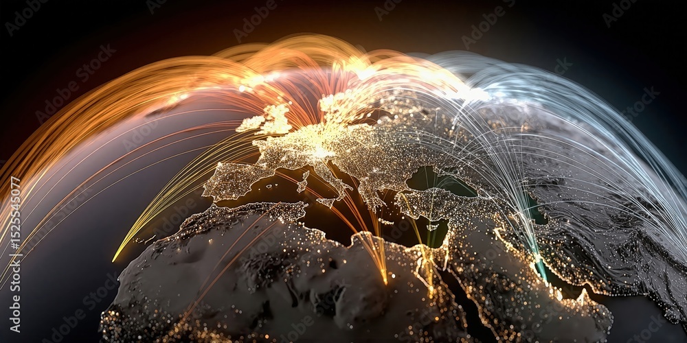 Poster global network connection over europe and asia, representing international business and worldwide co