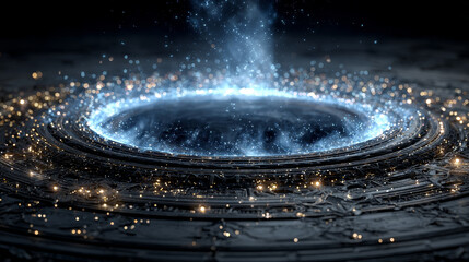 Circle hologram game portal with hud light effect. Futuristic technology magic podium for ui fantasy interface. Neon led glow stage with blue laser round and glitter teleport funnel illustration set