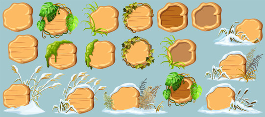 Cartoon game panels with swamp moss, forest lichen, liana branches, jungle leaves, ivy. Marsh reed under snow. Swamp cattails, fern winter. Broken weed and snowdrifts. Vector signboards, frames.
