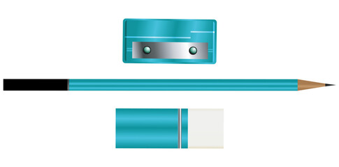 Eraser, Pencil And Sharpener Set On White Background, School Equipment Vector Illustration.	
