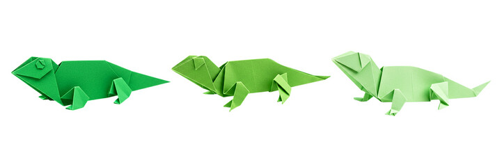 Three origami chameleons showcase meticulous paper folding art ranging from dark to light shades of