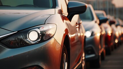 A close-up view of a row of used cars, with one car being test-driven by a potential buyer. .