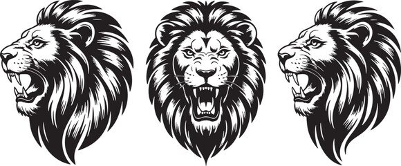 Fototapeta premium Roaring Lion Heads Engraving Set