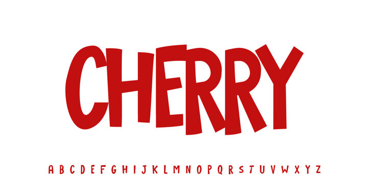 Summer Cherry drupe, joyful lettering, cartoon funny typography. Childish font for friendly logo headline of culinary recipe book, sweets, ice cream title. Food typographic design. Vector typeset.