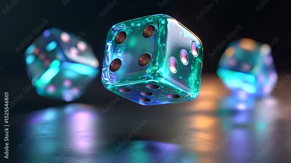 Poster glowing translucent dice in turquoise and blue colors floating against dark background with light re