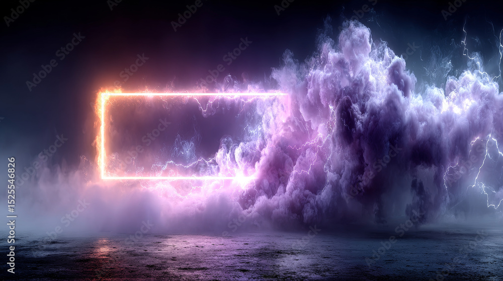 Poster empty frame decorated with neon purple toxic smoke and lightning discharges isolated on transparent 