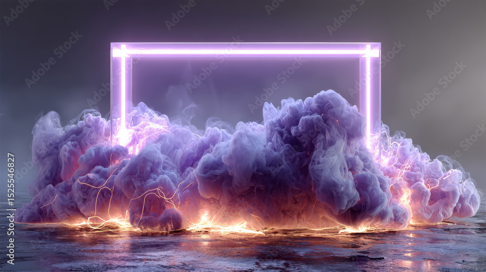 Poster empty frame decorated with neon purple toxic smoke and lightning discharges isolated on transparent 