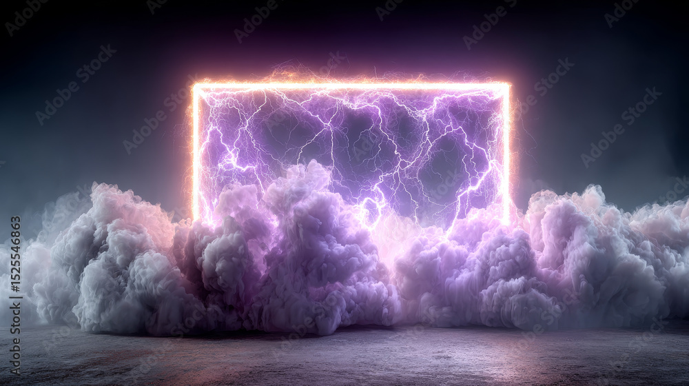 Aufkleber empty frame decorated with neon purple toxic smoke and lightning discharges isolated on transparent 