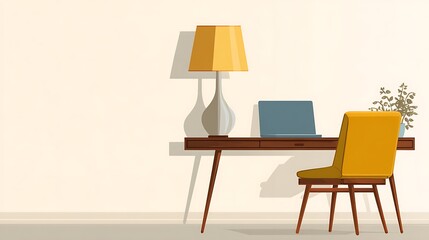 A desk with a laptop, a lamp, and a chair in front on isolated background. .
