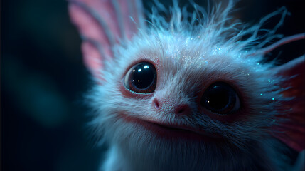 A close-up portrait of a glowing-eyed, fluffy fantasy creature with large ears and iridescent fur, bathed in soft blue and pink light in a mysterious forest.