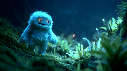 A furry blue alien-like creature stands on a mossy, glowing forest floor under bioluminescent lighting in a magical, otherworldly nighttime scene.