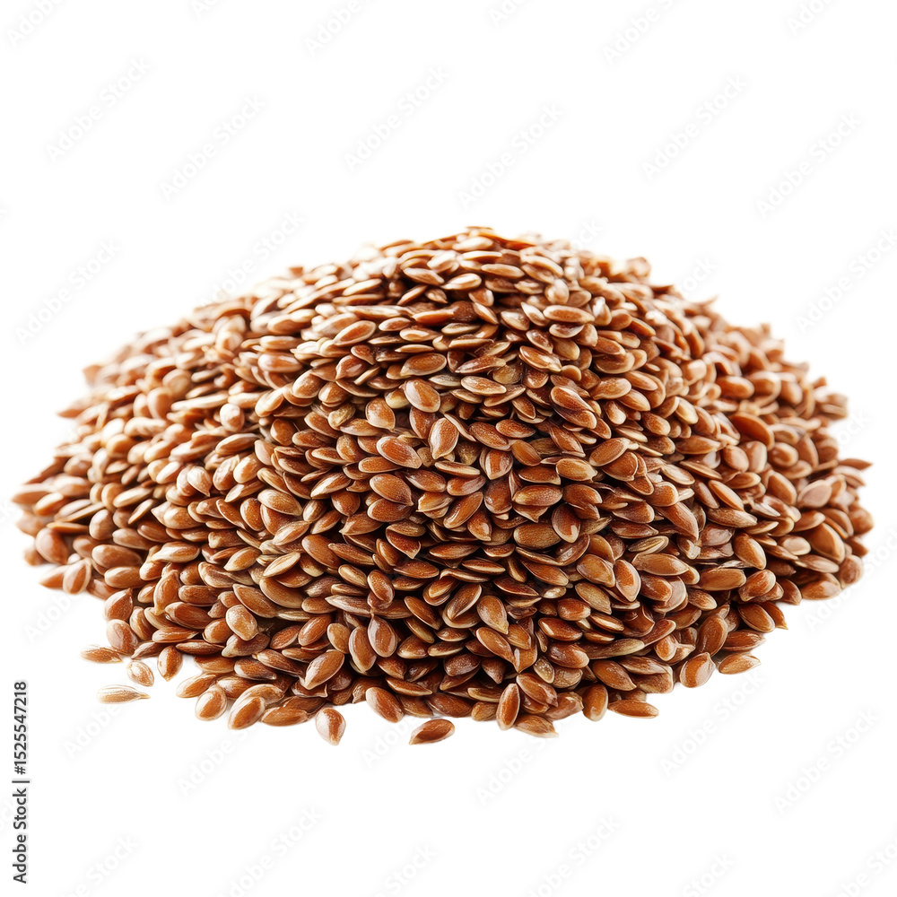 Poster flax seeds heap resting on a clean white background showcasing their rich texture and color, flax se