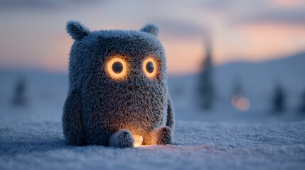 A fluffy creature with glowing orange eyes sits in the snow at sunset, holding a small glowing object, surrounded by a peaceful winter landscape.