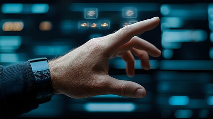Male hand pointing at futuristic digital interface with glowing blue elements against dark background, demonstrating modern technology interaction and data control.