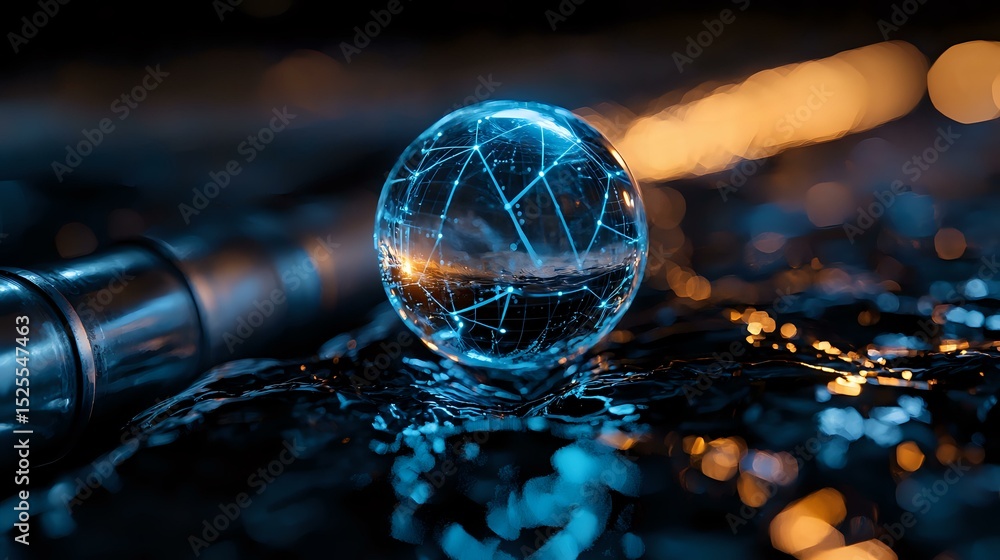 Poster glowing crystal ball with blue light effects and network patterns on dark reflective surface with bo