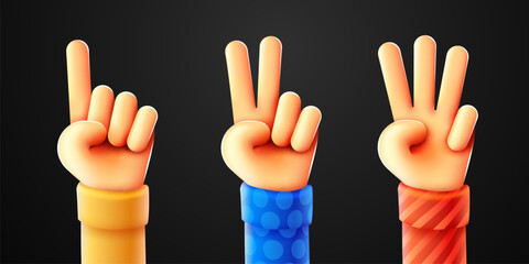 3D Hands counting One Two Three. 1, 2, 3.