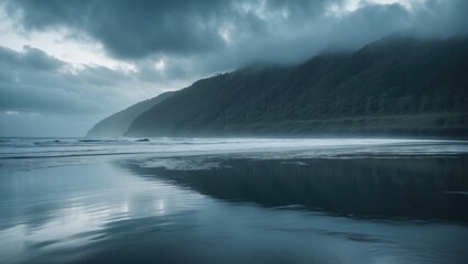Obraz premium A coastal landscape with mountains, overcast sky, and reflective tide pools on the shore. Nature scenery and seascape image.
