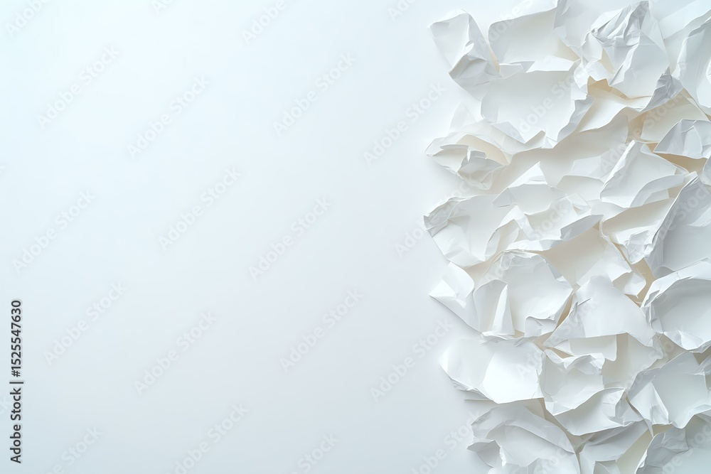 Poster crumpled white paper pieces creating abstract textural border composition against clean white backgr