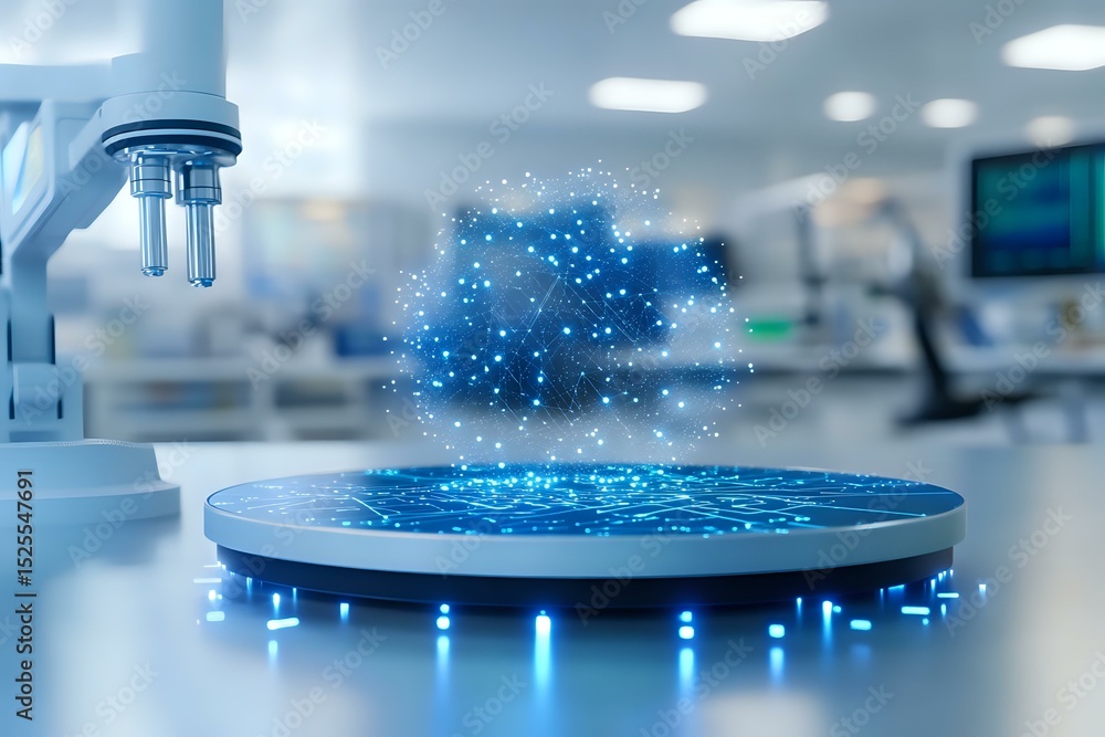 Poster futuristic holographic cloud projection in modern laboratory setting with blue glowing particles and