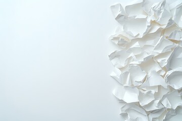 Crumpled white paper pieces creating abstract textural border composition against clean white background, minimalist artistic layout for design projects.