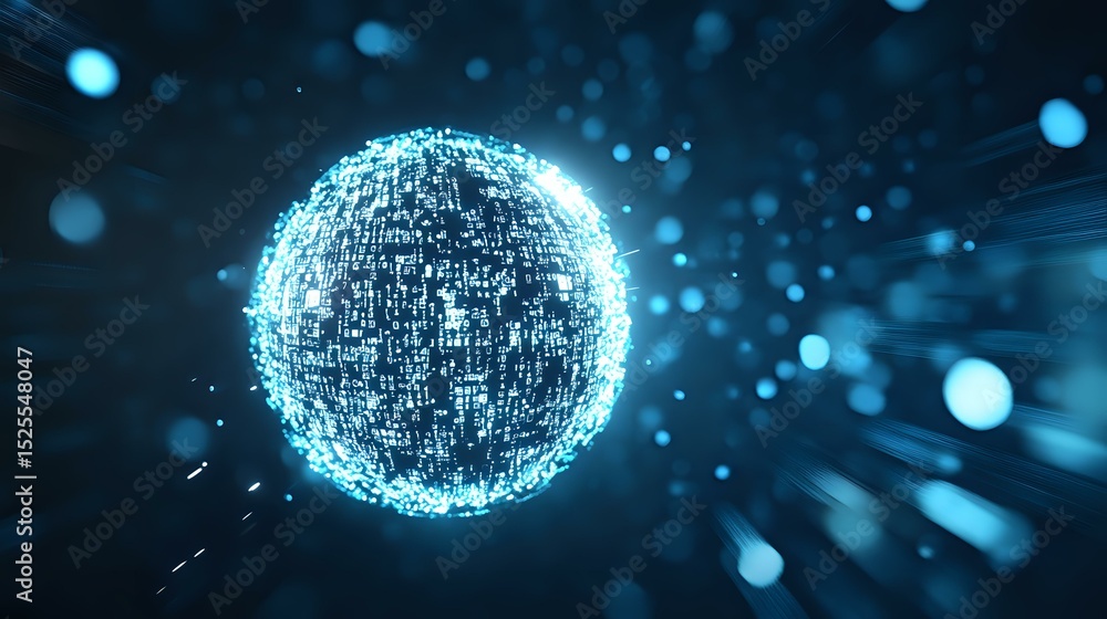 Poster glowing digital sphere with binary code pattern emits bright blue light against dark background, sym