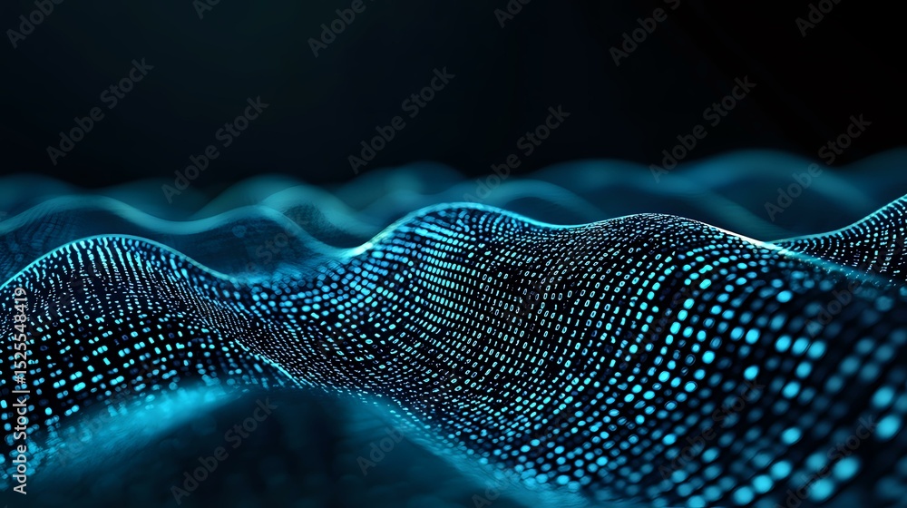 Poster glowing blue digital wave pattern of connected dots and lines forming dynamic landscape against dark