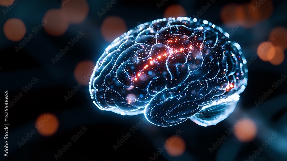 Poster glowing digital brain with red and blue light effects on dark background with bokeh lights, represen