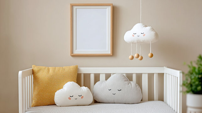 Charming nursery scene with cloud decor and copy space for baby room inspiration