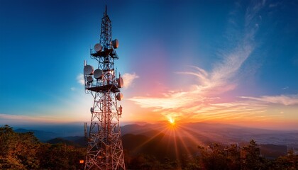 a telecommunications tower is captured with a bokeh effect highlighting the vibrant dawn colors representing connectivity and modern communication technology