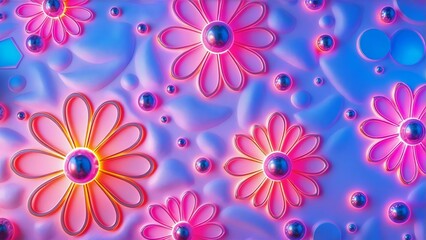 A vibrant and detailed digital 3D artwork featuring a futuristic surface design composed of radial floral shapes, subtle indentations, and glowing circular patterns. Illuminated in radiant neon shades
