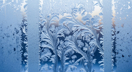 Intricate fern-like frost patterns cover a windowpane, creating a delicate natural artwork in cool blue, white, and gray tones.

