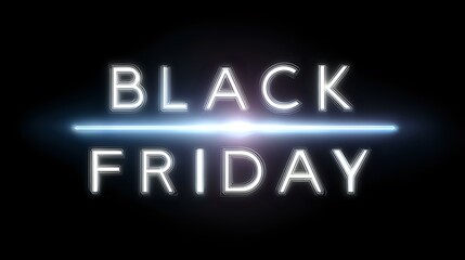 Glowing neon Black Friday text on dark background with blue light effect and soft blur. Modern minimalist design for seasonal sale promotions and advertising.