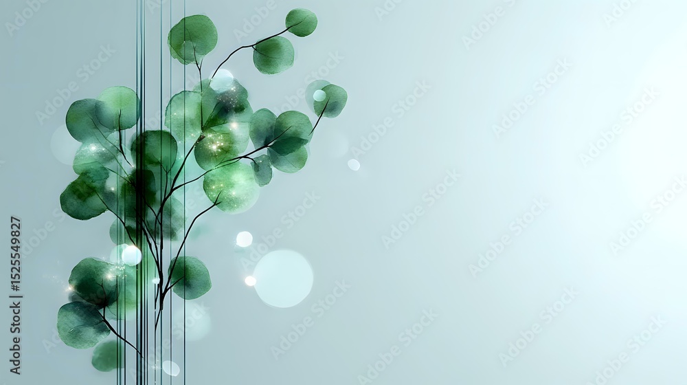 Poster delicate green eucalyptus leaves with soft bokeh effect on light background. minimalist botanical ar