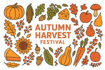 The autumn harvest festival is represented in a vector design, featuring a traditional Thanksgiving day setting from above, adorned with hand-drawn depictions of various plants, fruits, vegetables