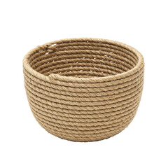 Small, decorative coiled rope bowl, natural fiber, visible texture, rounded shape, on a seamless plain white studio background, bright shadowless lighting, top-down product photography view, pristine