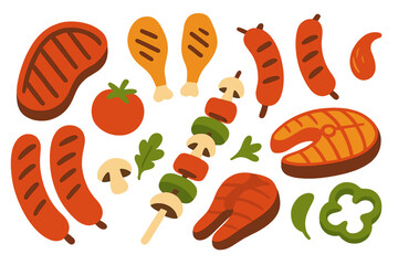 Flat vector illustration of assorted barbecue items such as chicken legs, sausages, vegetables, steak, fish, and mushrooms, typically served at a bbq party or summer picnic, isolated on white