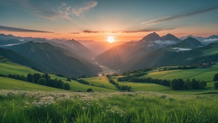 Obraz premium Serene mountain landscape during sunset with lush green fields and a valley.