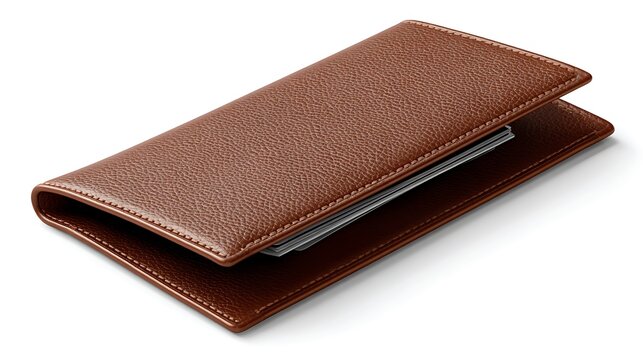 A mockup of a brown leather bill folder, isolated against a white background, designed for restaurant check presentations in 3D rendering .